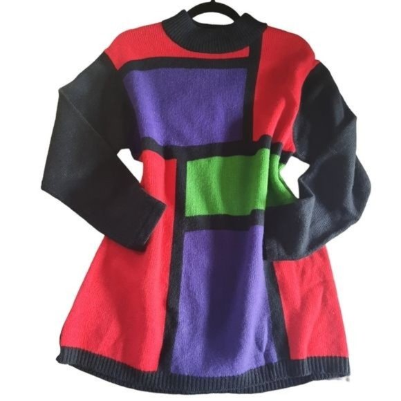 80s Lambswool Knit Sweater Vintage Liz Claiborne Color Block - Picture 4 of 10
